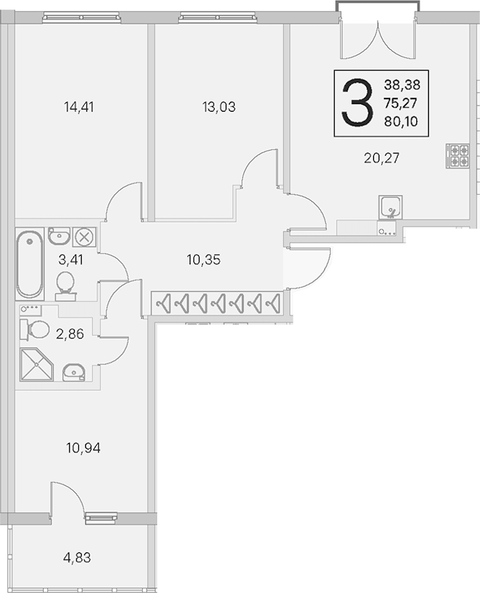 3-комнатная квартира 75.27 м², 3/4 эт., ЖК «Любоград в Стрельне»